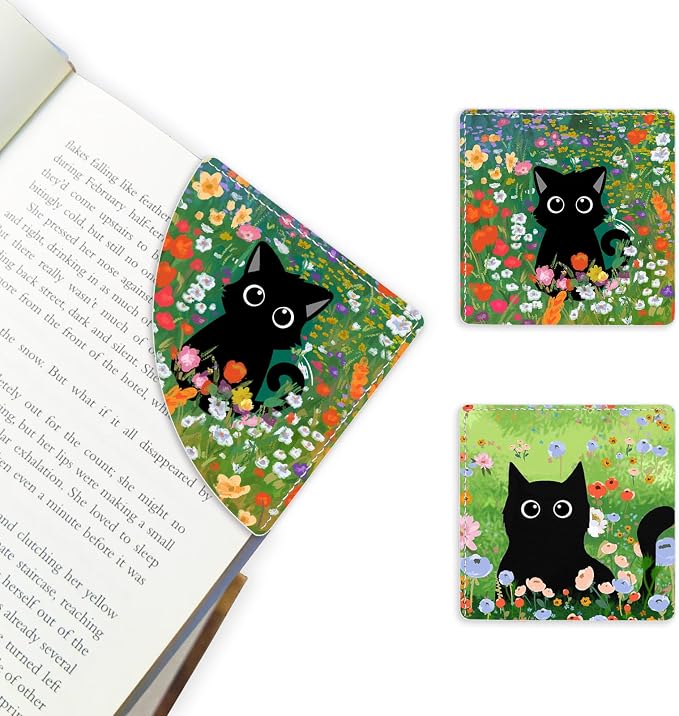 2 Pack Cat Hiding in the Flowers Leather Book Corner Bookmark, Durable Handmade Reading Accessories - Gifts for Readers, Women, Men, Teachers, Students 2