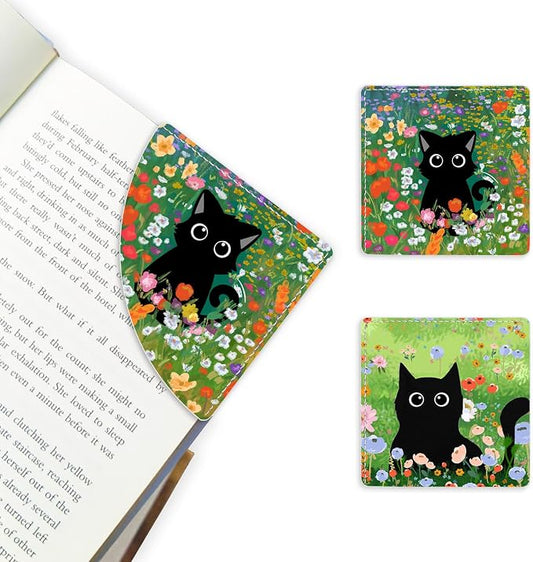 2 Pack Cat Hiding in the Flowers Leather Book Corner Bookmark, Durable Handmade Reading Accessories - Gifts for Readers, Women, Men, Teachers, Students 2