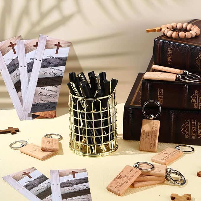 Spakon 10 Sets Father Day Church Gifts Bulk Mens Christian Mini Bible Verse Wooden Keychains Scripture Religious Pens with Cross Prayer Bookmarks Faith Gifts for Women Dad Pastor Sunday School