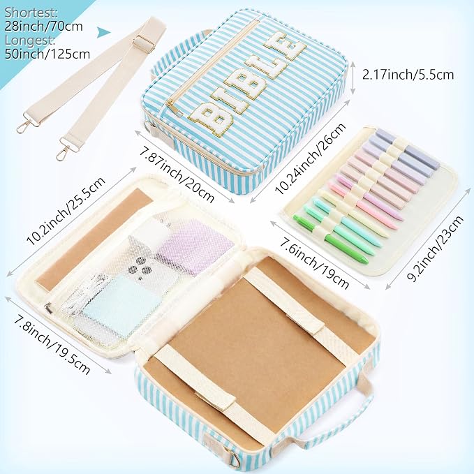 Dansydaisy Bible Cover Case for Women Large Chenille Letter Stripe Church Bible Bag with Shoulder Strap for Women(Sky Blue)