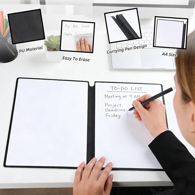 A4 Portable Whiteboard Notebook,12" x 9" Double Sided Dry Erase Board with Two Pens,Folding Reusable Writing Pad for Office Meetings,School,Planning,Travel,PU Cover(Black)