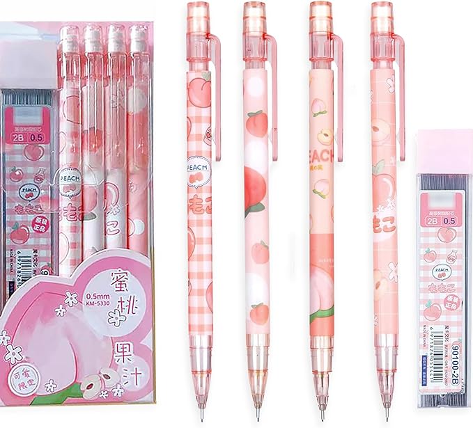 4PCS Cute Cartoon Mechanical Pencils Set with Tubes 0.5 mm Pencil Refills (Pink)