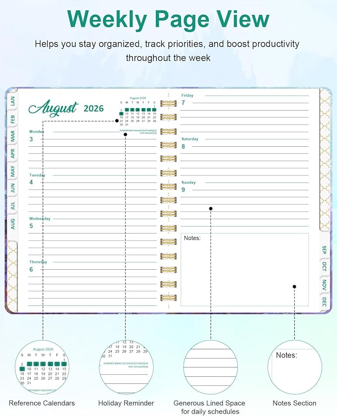 2026 Weekly and Monthly Planner - 2026 Hardcover Calendar Planner, Jan. 2026 - Dec. 2026, Daily Agenda Book with Tabs, Twin-Wire Binding, Back Pocket, School Teacher Student Supplies, A5(6.3" x 8.5") (Flower)