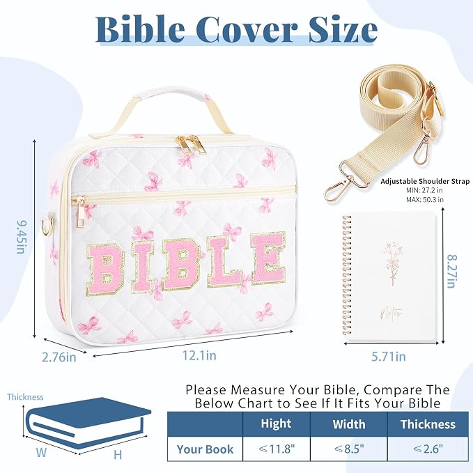 Personalized Initial Bible Cover Case for Women, Large Quilted Bible Bag with Durable Handle, Stylish Church Bag Journaling Kit with Study Supplies Accessories, Christians Gifts for Women (Pink)