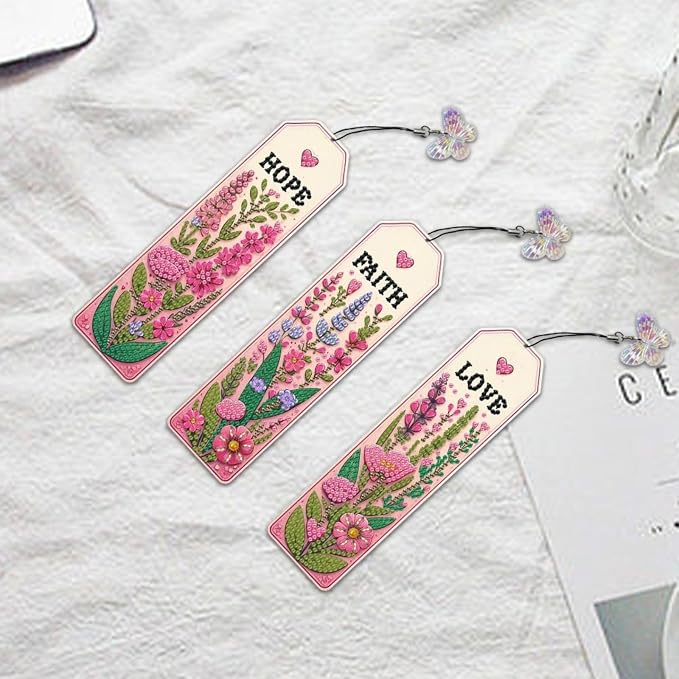 ARTopet 3Pcs DIY Diamond Art Painting Bookmarks with Colorful Butterfly Pendant PET Bookmark Ornament Double Sided Pattern Single Sided Diamond Book Marker Clip Gifts Tags-Flowers02