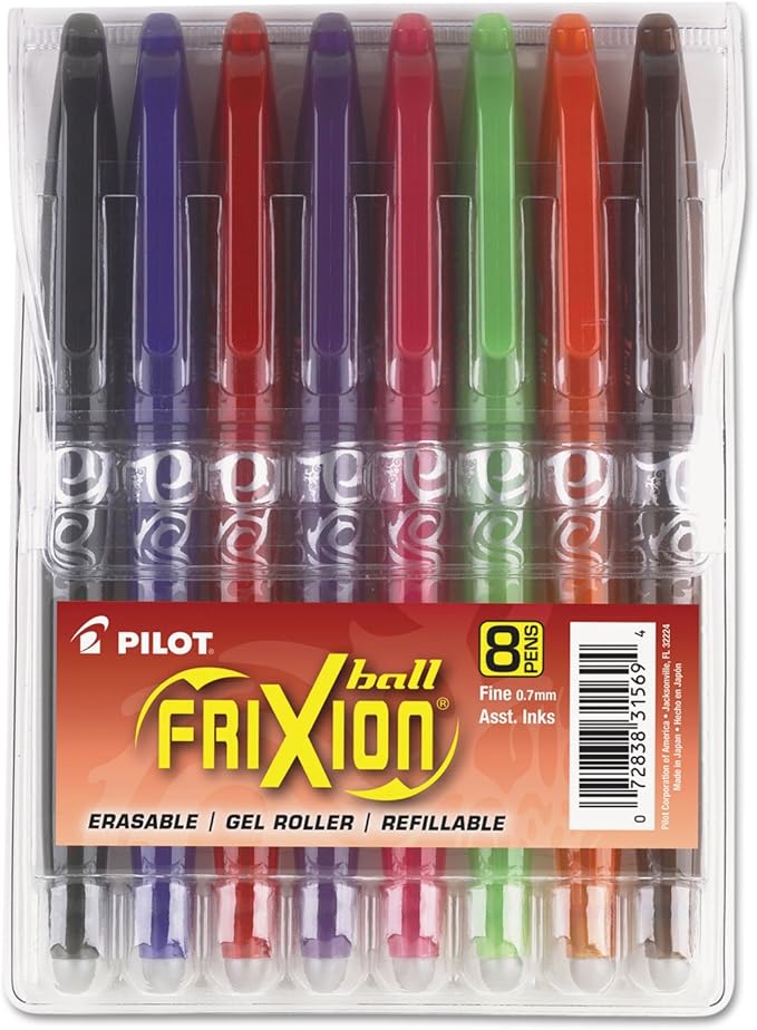 PILOT Pen 31569 FriXion Ball Erasable & Refillable Gel Ink Stick Pens, Fine Point, Assorted Color Inks, 8-Pack Pouch