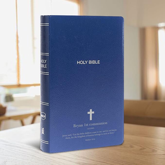 MerchSalad Personalized NKJV Bible New King James Version Faux Leather Holy Bible with Custom Name Includes Up to 3 Rows of Text, Custom Gift for Christian & Religious Celebrations (Blue)