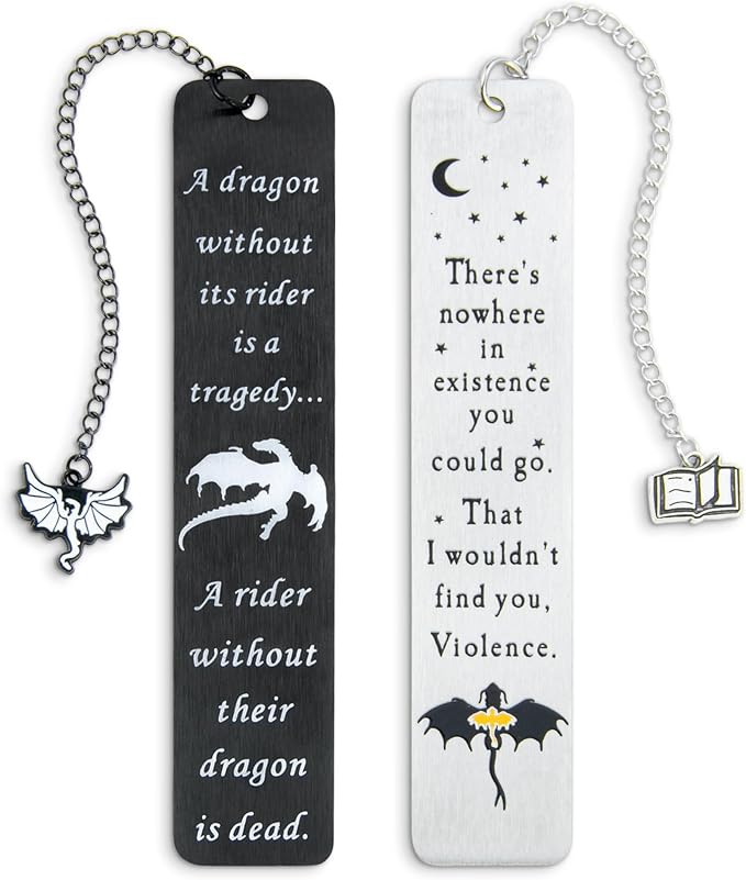 Dragon Metal Bookmarks – Set of 2 Engraved Fantasy Bookmark with Charms, Cool Bookmarks for Women and Men, Bookish Quotes Gifts for Readers, Magical Academy Book Accessories (Style 1)
