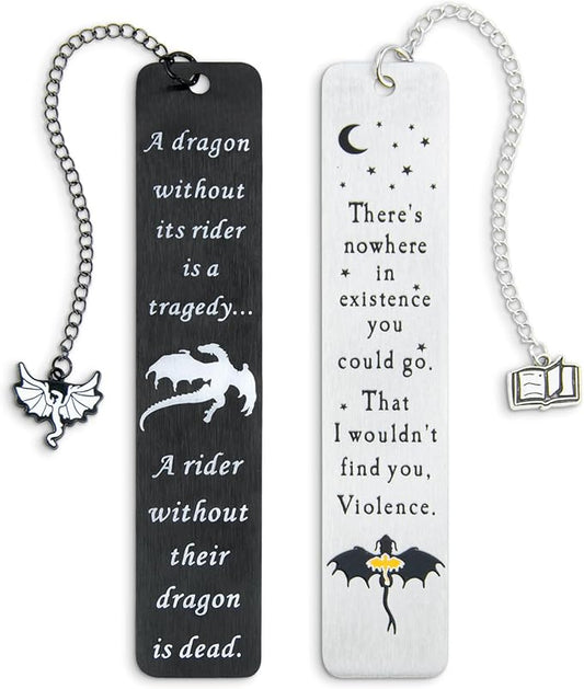 Dragon Metal Bookmarks – Set of 2 Engraved Fantasy Bookmark with Charms, Cool Bookmarks for Women and Men, Bookish Quotes Gifts for Readers, Magical Academy Book Accessories (Style 1)