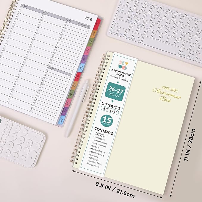 SKYDUE Appointment Book 2026-2027, Academic Hourly Planner from July 2026 - June 2027, 8.5" x 11" Weekly & Monthly Schedule Planner with 15-Minute Interval- Perfect for Daily Planning Creamy Oatmeal