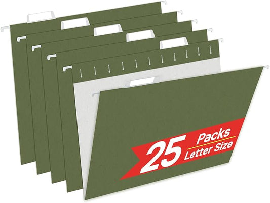 VZCPYTPM 25 Packs Hanging File Folders,Standard Green File Folders for Filing Cabinet,1/5 Adjustable Tabs & Labels,Bulk File Organizer for Office,School,Home