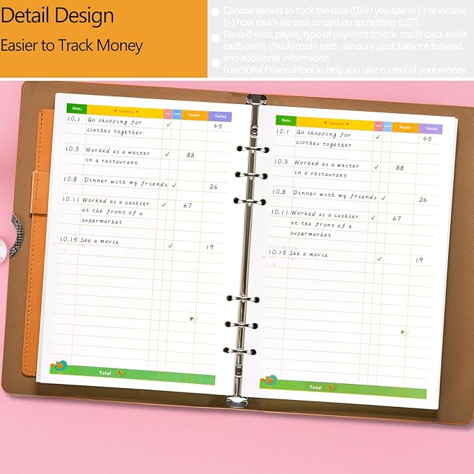 Rancco A6 Budget Planner Refill Paper, 90 Pages Colorful 6-Ring Binder Expense Tracker Inner Page Financial Planner w/Binder Divider, Pouch, Ruler, Index Tab for Budgeting Book, Double-sided,6.9x3.7"