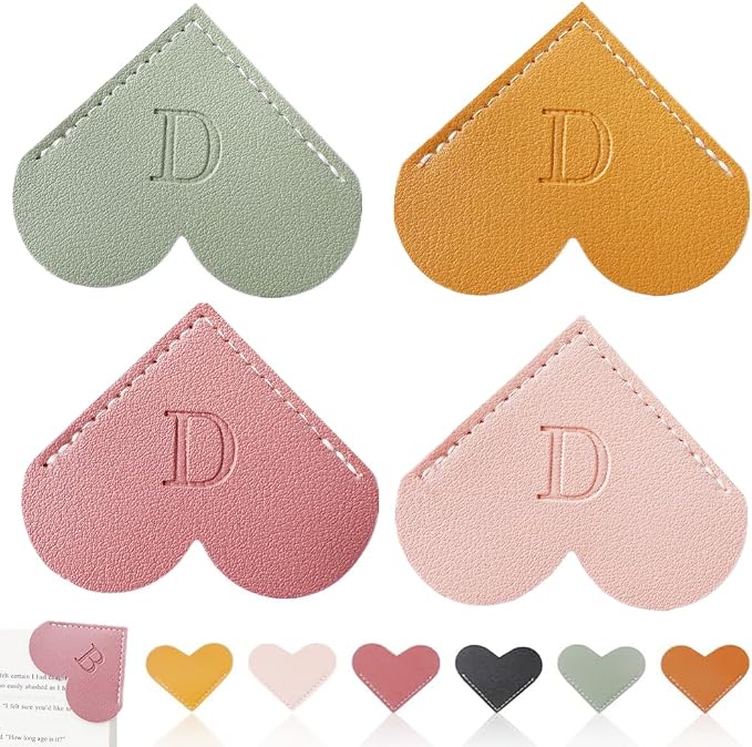 Personalized Leather Heart Bookmark, 26 Letters Customized Corner Book Mark for Reading Women, Book Marker with Initials，Cute Gifts (Light Pink+Deep Pink+Green+Light Brown, D)