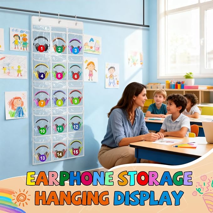Headphone Storage Classroom Headphone Organizer 15 Pockets PVC Clear Organizer Holder for School Cell Phones Calculators, With Headphone Storage Stickers & Digital Stickers