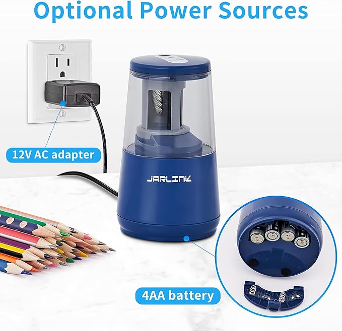 JARLINK Electric Pencil Sharpener, Heavy-Duty Helical Blade to Fast Sharpen, Auto Stop for No.2/Colored Pencils(6-8mm), AC Adapter/Battery Operated in School Classroom/Office/Home (Blue)
