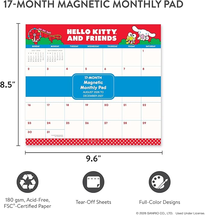 Orange Circle Studio 2027 Hello Kitty and Friends Magnetic Monthly Calendar Pad, 17-Month Full Color Character Calendar for Office Desk & Refrigerator, Wall Planner, 9.6" x 8.5", Tear-Off Pages Sheets