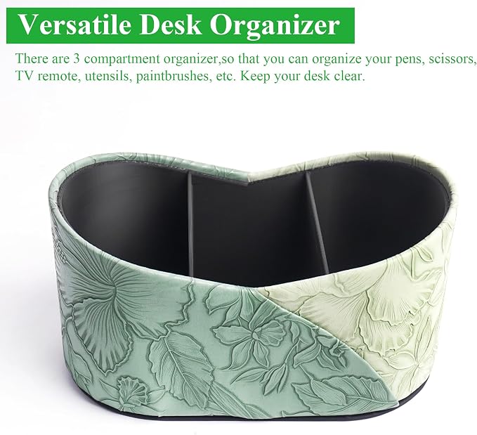 Two Leaves Shaped Leather Art Supply Organizer,Remote Control Holder,Multi-Functional Pencil Holder,3 Compartments Desktop Stationary Organizer(1-Green)