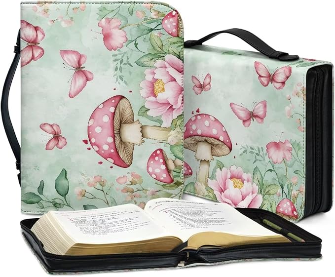Mushrooms Bible Bags for Women Butterfly Print Bible Covers Bible Holder Bible Bags Canva Bible Study Supplies, A Christian Gift for Women-Size M