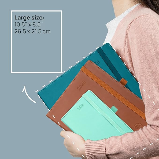 POPRUN 2026 Planner (Large-8.5'' x 10.5''), 2026 Weekly Calendar (Jan. 2026-Dec. 2026) with Hourly Time Slots, Weekly Monthly Appointment Book for Time Management, Leather Soft Cover - Green