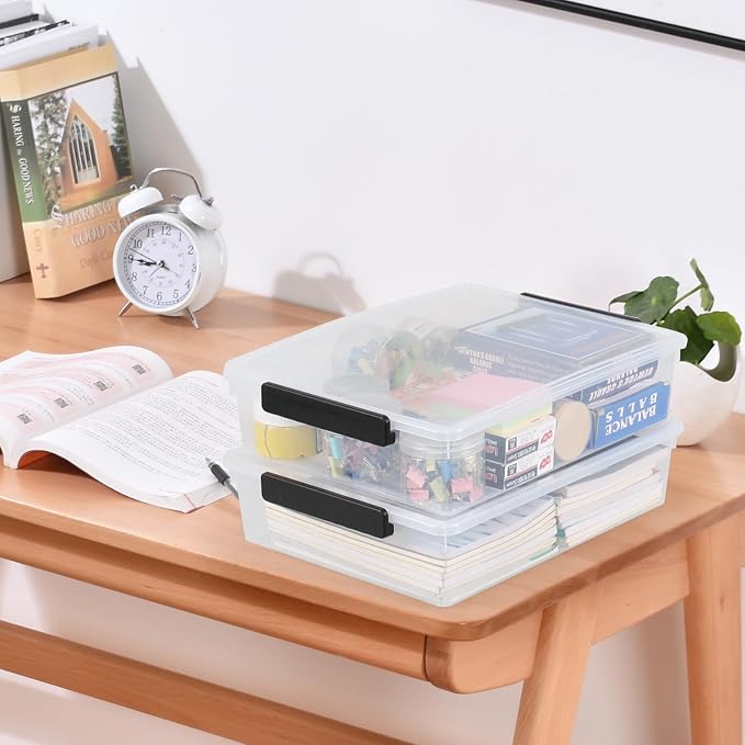 Saedy 3-Pack 5 Quart Plastic File Storage Bins With Lids, Clear Flat Stackable Storage Box