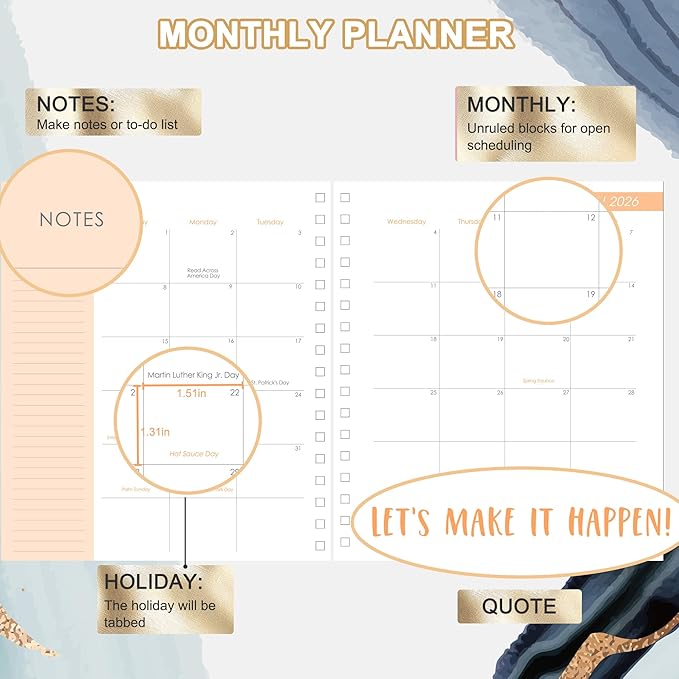 CAGIE 2026 Planner Weekly and Monthly Dec 2025–Dec 2026 Hardcover Planner with Pockets, 13 Month Large Blue Marble Calendar Planner with Stickers Tabs, Spiral Bound Yearly Calendar Planner for Women, 8.3" x 9.3"