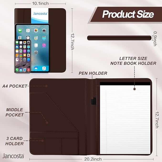 5 Pack Business Padfolio Portfolio Binder, Faux Leather Folio Folder, Resume Legal Document Organizer with Letter Size Writing Notepads (New Brown 5 Pack)