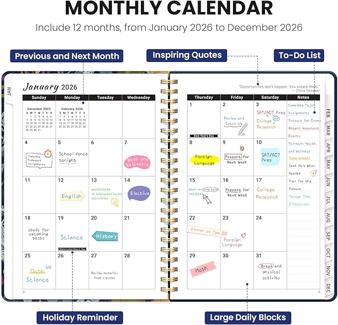 2026 Planner, Weekly and Monthly Planner for Women, January 2026 - December 2026, Hardcover 2026 Calendar Planner Book with Tabs, Inner Pocket, Spiral Bound, Perfect for Office Home School Supplies - A5 (6.3" x 8.5"), Flourish Foliage