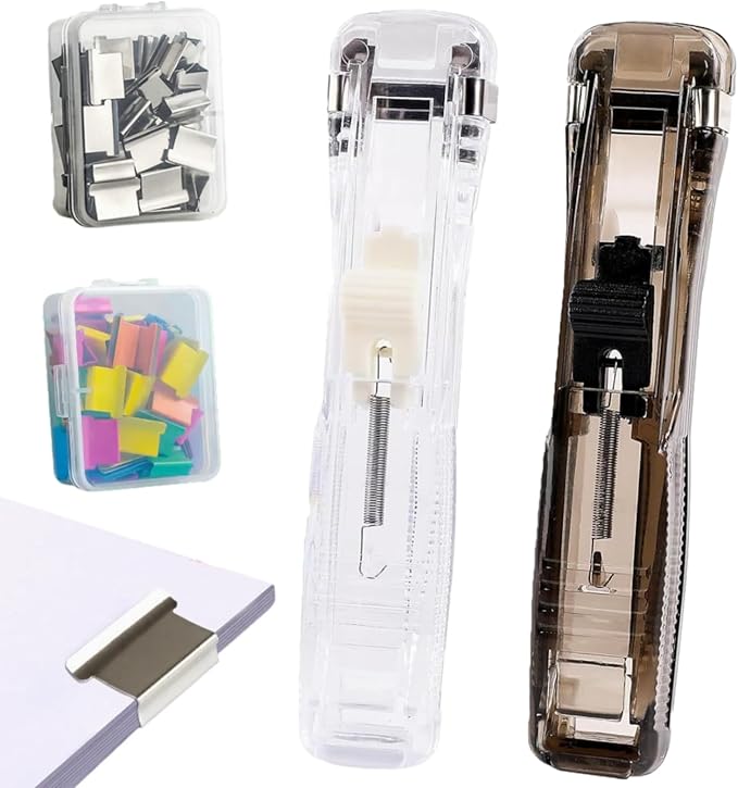 Portable Binder Clip Stapler, Includes 100 Reusable Clips, Mini Push Stapler Clamp Staplers for Desktop Document Home School Desk Office (White+Brown)