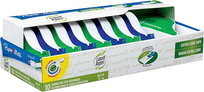 Liquid Paper Paper Mate DryLine, Extra Long Tape, Assorted Colors, 10 Count (Pack of 2)