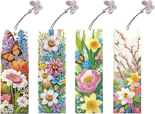 ARTopet 4Pcs DIY Diamond Art Painting Bookmarks with Colorful Butterfly Pendant PET Bookmark Ornament Double Sided Pattern Single Sided Diamond Book Marker Clip Gifts Tags-Flowers01