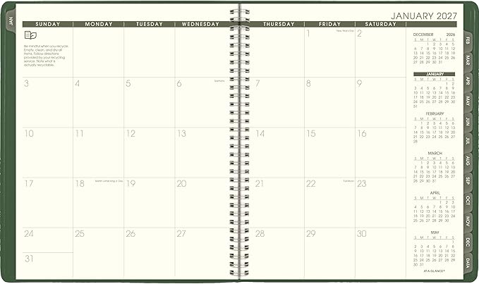 AT-A-GLANCE 2027 Planner, Monthly, 9" x 11", Tabbed, Unruled Daily Blocks, Recycled Green (70260G6027)