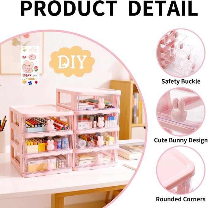 CEYAZYE Small Desk Organizer with Drawer, Stackable Makeup Organizer White, Mini Plastic Storage Box for Desktop, Bathroom Counter or Dresser, School, Home, Office (Pink-3 Tier)