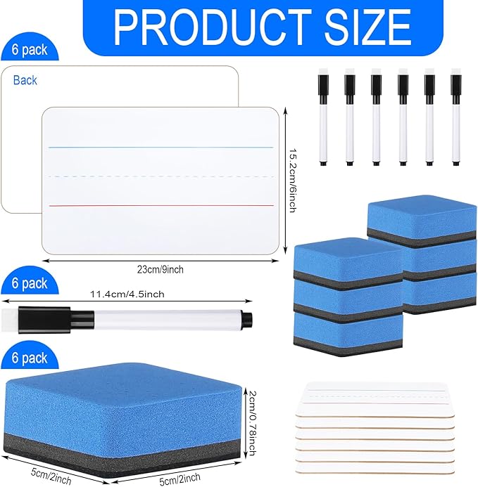 Colarr 6 Sets Mini White Boards 6"x 9" Dry Erase Boards Classroom Pack Includes Two Sided Small Whiteboards Markers, Lapboards Erasers for Teachers Students School