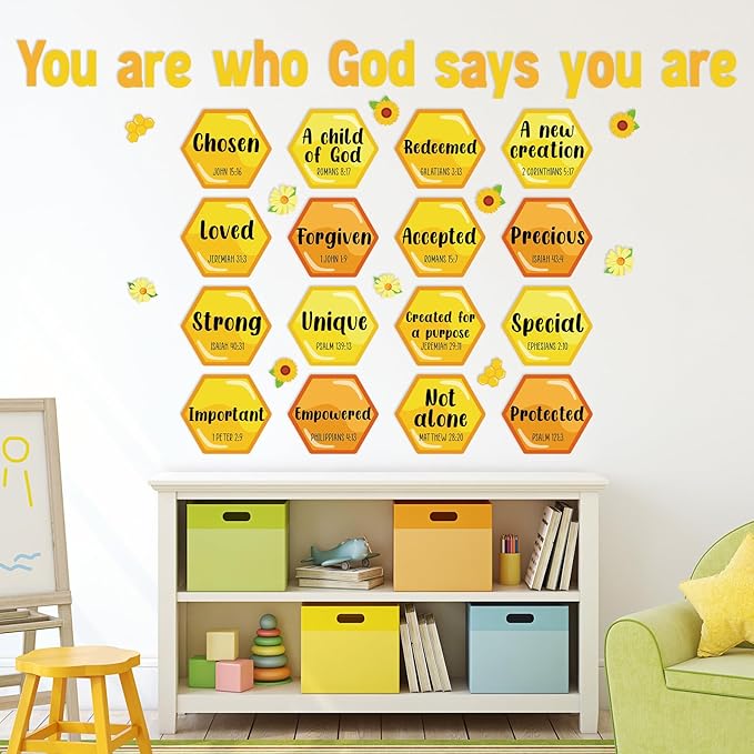 Qyeahkj Christian Bulletin Board Decorations Bee Jesus Bulletin Board Sets Bee Hive God Says You are Religious Classroom Wall Decor VBS Motivational Cutouts for Sunday School Home Church Supplies