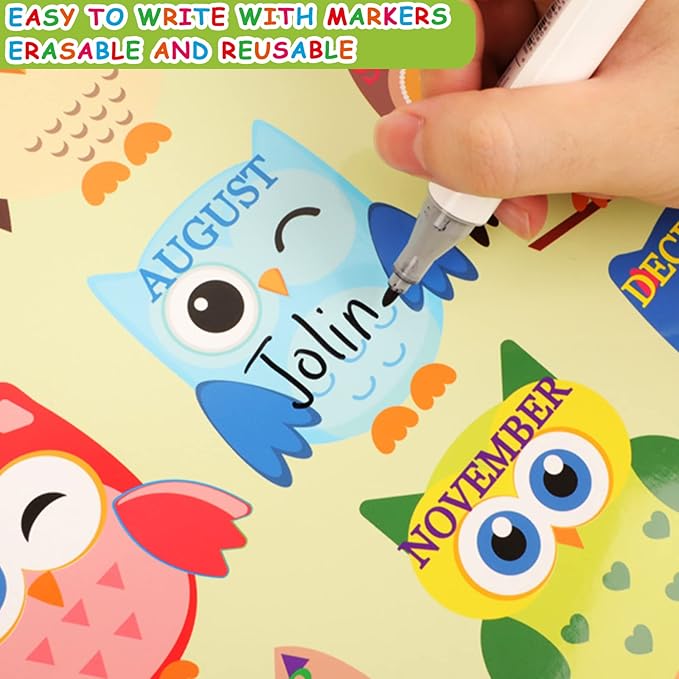 Happy Birthday Chart for Classroom, 2Pcs Birthday Poster Decoration 17’’ x 12’’ Birthday Owl Calendar Cutouts for School Bulletin Board, Chalkboards, Wall Decor