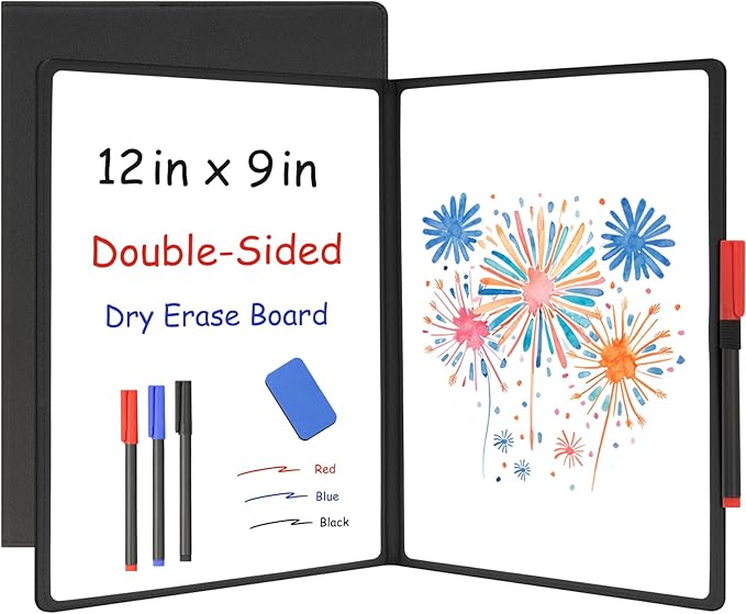 WALGLASS Double-Sided Small White Board Dry Erase, 12'' x 9'' Portable Reusable Whiteboard Notebook, Foldable Mini Handheld Board for Student Practice, Home, School, Office, Travel - Black PU Leather