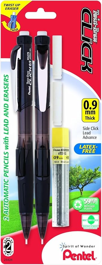 Pentel Twist Erase Click Automatic Pencil with 2 Eraser Refills and Lead, 0.9 mm, Assorted Barrels, Color May Vary, 2 Pack (PD279TLEBP2)