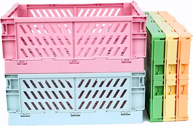 2 Pack Plastic Storage Collapsible Crate Organizer Basket Bin for Organizing Desk Drawer Shelf for Home Kitchen Bedroom Bathroom and Dorm Storage, 9.8x6.5x3.8in, Pink