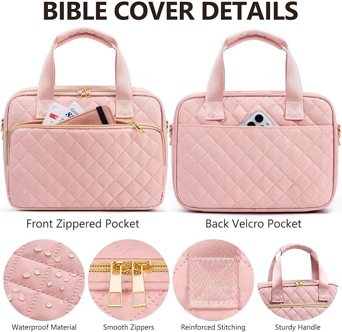 Bible Cover Case for Women, Large Bible Bag Bible Study Supplies Accessories Journaling Kit with Highlighters Tabs, Quilted Book Carrying Cases with Shoulder Strap, Christian Easter Gifts for Women
