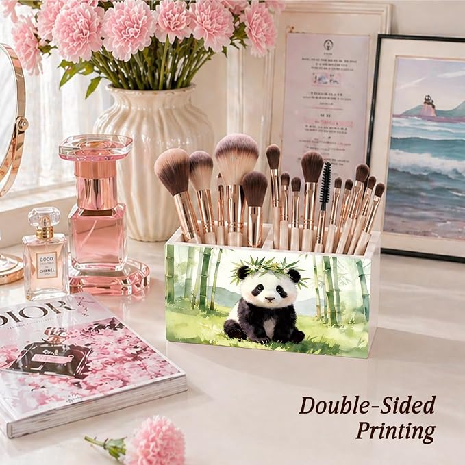 Panda Pen Pencil Holder for Desk Cute Panda Gifts for Women & Kids，Cute Wild Animal Wooden Box Sign Decorations for Kids Room Home Office Desk Tabletop