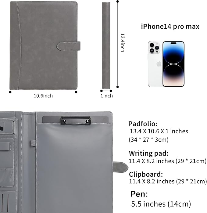 Wason Portfolio Padfolio A4 Leather PU Folder File Document Holder Case with Writing Pad Removable Clipboard Card Stationary Case Phone Tablet Stand for Organizer Office Travel School (Grey)