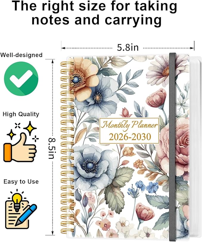 2026-2030 Monthly Planner - 60 Month PLanner Calendar from January 2026 to December 2030, 5 Year Planner 2026-2030 with Flexible Cover, Inner Pocket, Perfect for Home | School | Office, 5.8" x 8.5", Colorful Large Flower