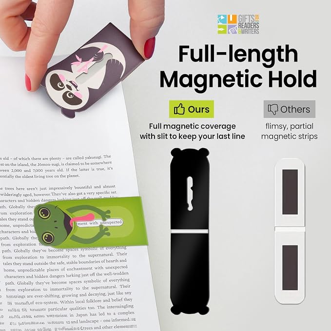 Gifts for Readers & Writers Linemarker Bookmark, 2 Pack Magnetic Bookmarks, Includes Line Finder Slit for Line Tracking, Small & Cute Stationery, Book Page Holder, Reading Accessories, Frog & Panda