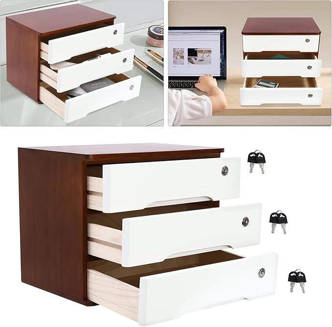 Lockable Desk Organizer Wooden Desktop Drawers Office Flat Files Storage Box Locking Countertop Storage Cabinet (Walnut + White, 3-Tier)