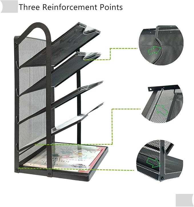5 Tier Mesh Desk Organizer Letter Tray-Angled File Holder,Black | Metal Office Desk file Organizer with Handle,Paper Sorter Organizer for Office,Home,Classroom or School