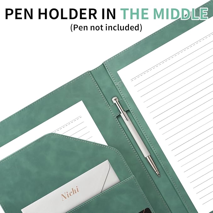 Professional Padfolio Portfolio Binder, Textured Embossing Faux Leather Folder Organizer for Letter Size Legal Pad Notepad Resume, Card Holder for Women Men Business Office Conference (Green)。