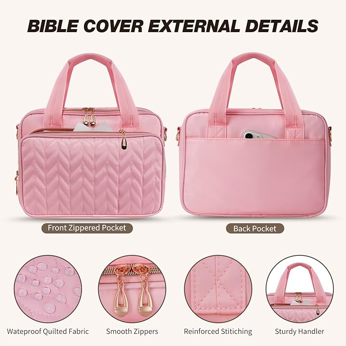 KOPKOFT Bible Cover Case for Women, All-in-One Bible Study Supplies Journaling Kit with Highlighters Tabs, Quilted Book Carrying Cases, Christmas Christian Gifts for Women (Pink)