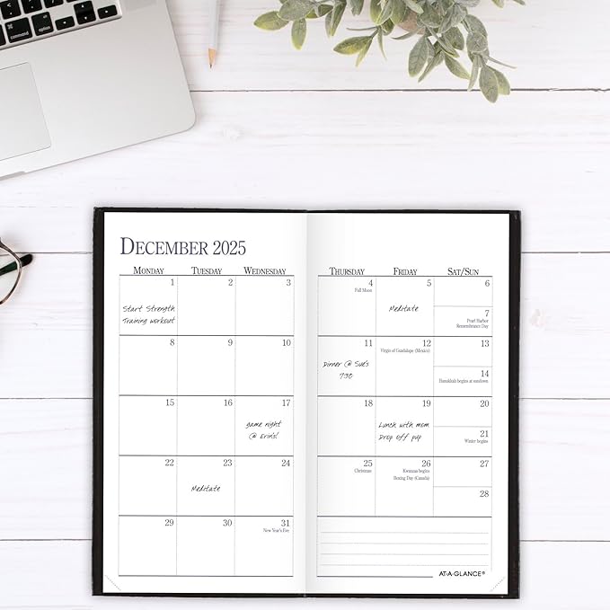 AT-A-GLANCE 2025 Fine Diary, Weekly & Monthly Diary, 3" x 6", Pocket Size, Black (72020525)