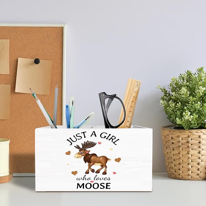 Moose Gifts Pen Holder for Desk, Deer Lover Gifts Pencil Organizer, Just a Girl Who Loves Moose Wooden Box Sign Desk Decor for Home Office Decoration