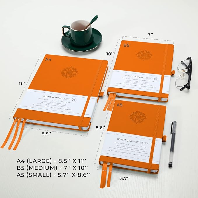 Smart Planner Pro – Medium 10 x 7 inches (B5) – Undated Agenda Daily Planner – Tested & Proven to Achieve Goals & Increase Productivity, Time Management & Happiness with Weekly, Monthly, Gratitude Sections, Back Pocket (Orange)